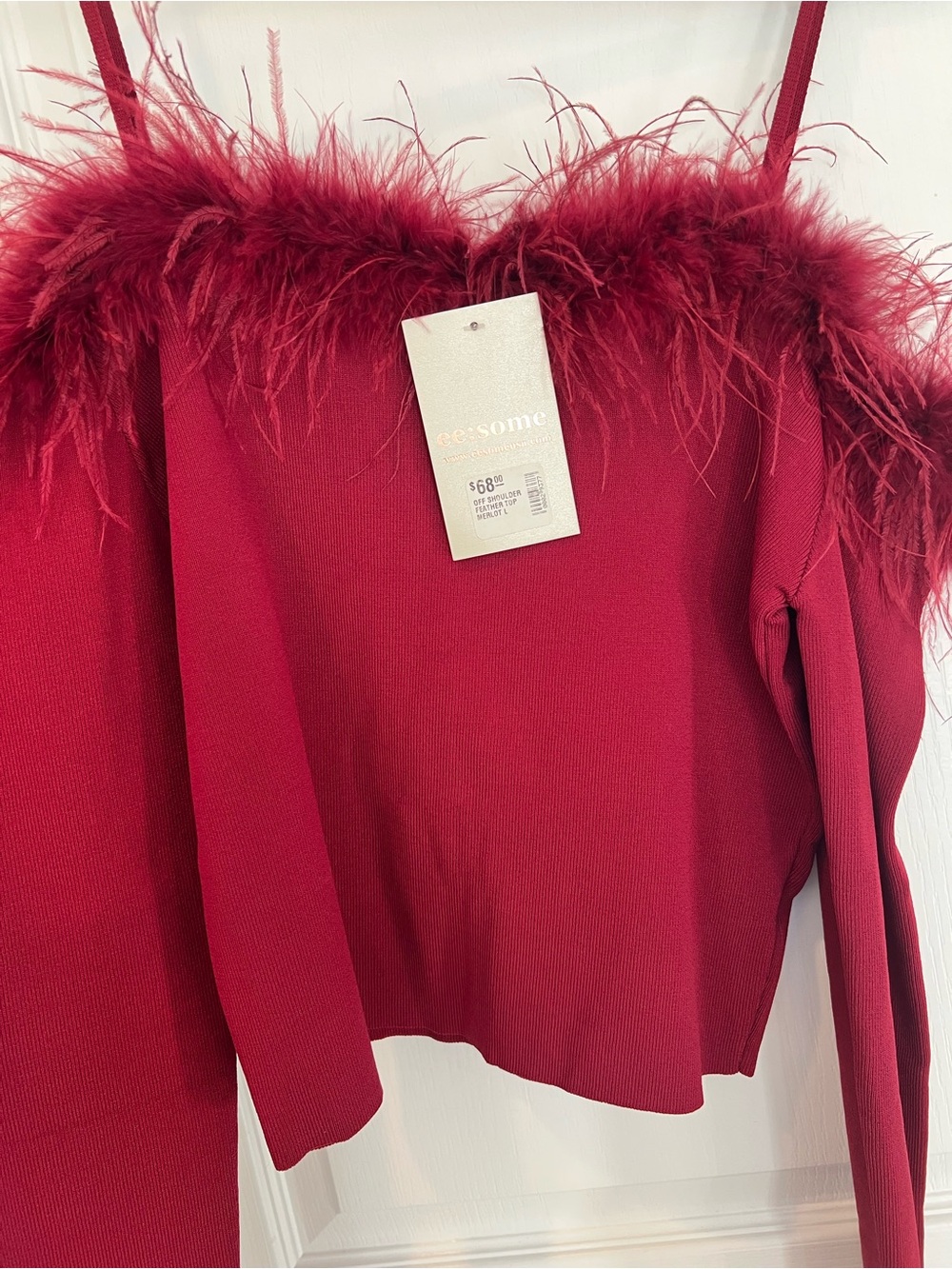 eesome Red Feather-Trim Off-Shoulder Sweater GLAM Festive Holiday Sz L NWT
